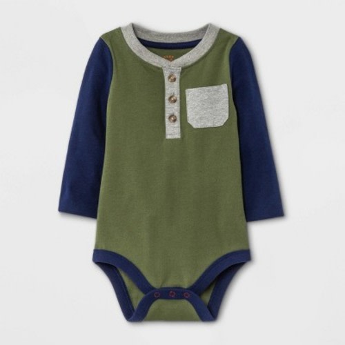 Baby Boys' Henley Colorblock Long Sleeve Bodysuit with Pocket - Cat & Jack™ Olive Green Newborn