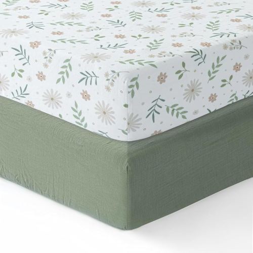 Muslin Crib Sheets for Boys,Girls,Soft,Breathable Crib Sheet,2 Pack,100% Cotton Crib Sheets for Standard Cribs,Toddler Bed Sheets,52x28 Crib Mattress Sheet Fitted | Green and Flowers