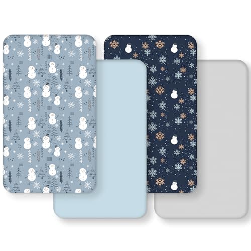 Baby Crib Sheets for Boys and Girls, Toddler Bed Sheets Fitted for 52”x28”Standard Crib and Toddler Mattresses, 4 Pack Soft Stretchy Microfiber Blue Snowman