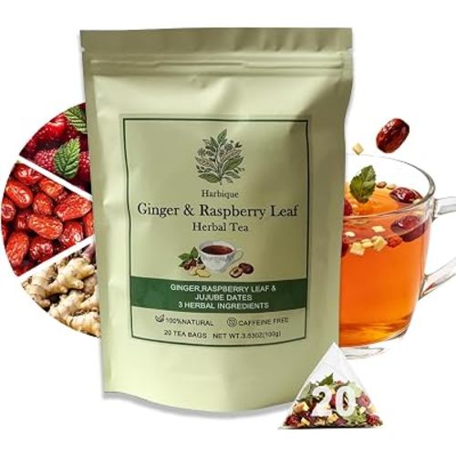 Organic Raspberry Leaf & Ginger Tea – Caffeine-Free Pregnancy, Lactation & Postpartum Support for Women with Sweet Jujube, 20 Pyramid Tea Bags (100g)