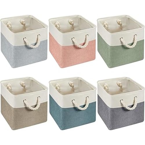 Geiserailie 6 Pcs 13 x 13 Inch Cube Storage Bins Fabric Storage Organizer Bins Foldable Cube Baskets with Sturdy Carry Handles Wicker Baskets for Home (Morandi Colors)