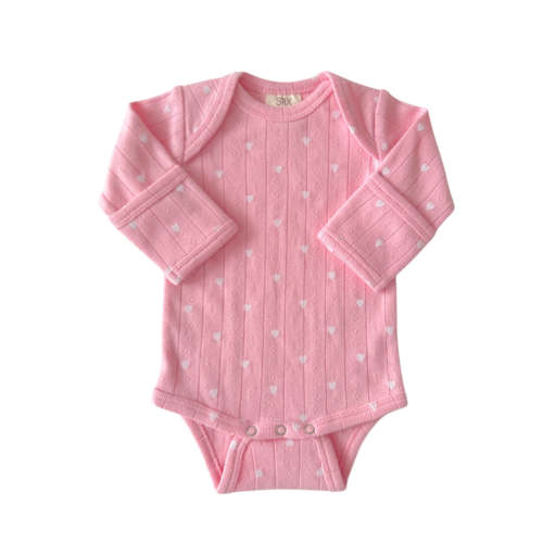 Pink with White Heart / Organic Pointelle Long Sleeve Bodysuit