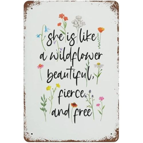 VIOFLOW Vintage Metal Tin Sign Wildflower She is Like A Wildflower Beautiful Fierce and Free Pretty Flower Quote Valentine's Day Sign Funny Novelty Garage Home Decor Wall Art Tin Signs 8X12 Inches