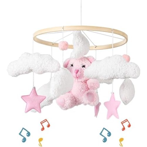 EERKEOD Baby Crib Mobile Bear Nursery Mobile for Boys Girls Teddy Velvet Mobile Nursery Decor for Infant Bedroom Hanging Baby Mobile for Bassinet Newborn Baby Gift（Pink Bear）