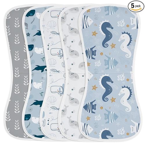 Yoofoss Baby Burp Cloths 100% Organic Cotton 5 Pack Burping Cloths for Babies Boys Girls Large 21''X10'' Extra Soft and Absorbent Ocean