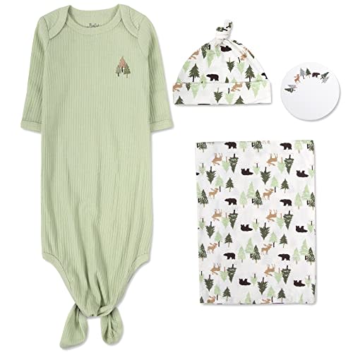 Coming Home Outfit Newborn Baby Boy Gown with Matching Hat, Mitten Cuffs, Swaddle Blanket 4 Pc. Set 0-3 Months