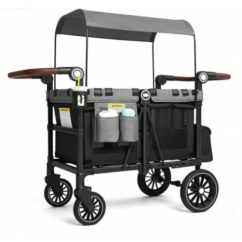 Kinder King Wagon Stroller for 4 Kids, All-Terrain Foldable Outdoor Stroller Wagon 4 Seater, Black&Grey