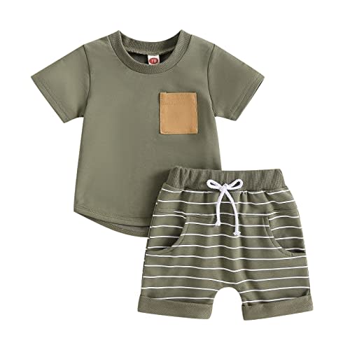 FOMOYUU Toddler Boys Summer Outfit Sets Short Sleeve Contrast Color Tops + Solid Color Drawstring Shorts
