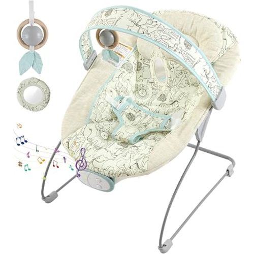 Portable Baby Bouncer Seat with 8 Melodies, 3 Vibration Levels & Adjustable Volume, Foldable Infant Bouncer Rocker with Safety Harness for Baby 0-6 Months, Indoor & Outdoor Use BR2404