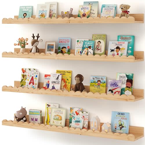 Nursery Book Shelves, 4-Pack Wood Floating Shelves for Wall Kids, Scalloped Shelves, Wall Book Shelves for Bedroom Kids, Toddler Room, Baby Room, Nursery Decor(Wood, 36 Inches)