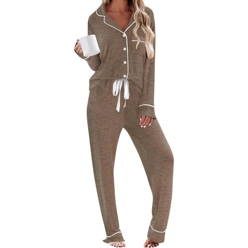 HNG Pajamas For Women Set 2 Piece Pjs Set Long Sleeve Button Up Lounge Set Sleep Wear With Pockets
