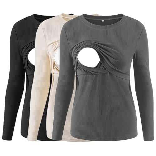 Liu & Qu Women's Nursing Tops Ribbed Long Sleeves Maternity Shirts Double Layer Breastfeeding Shirts Pregnancy Clothes 3 Pack
