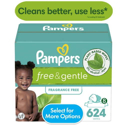 Pampers Free & Gentle Baby Wipes Unscented, 8-Pack 624 Wipes (Select for More Options)