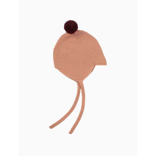 Cashmere Baby Bonnet in Coral/Damson Pom