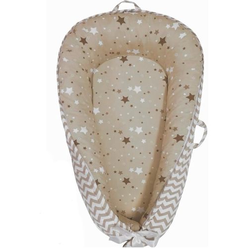 Baby Lounger | Organic Cotton Infant Lounger | Reversible, Adjustable & Portable Floor Lounger | Supervised Use | Soft, Breathable, Washable Cover- Star Collection (Tan)