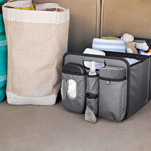 Munchkin Out-n-About Trunk Organizer for SUVs and Cars with Portable Changing Pad and Wet Baby Wipes for Diaper Changes On-the-Go, Collapsible, Grey