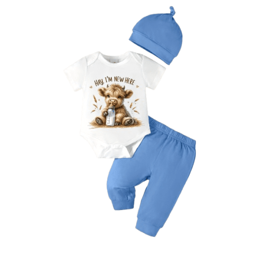 Okgogo Baby Boys Milk Cow Drinking Print Short Sleeve Romper Tops & Pants & Hat 3Pcs Clothing Set 0-9M