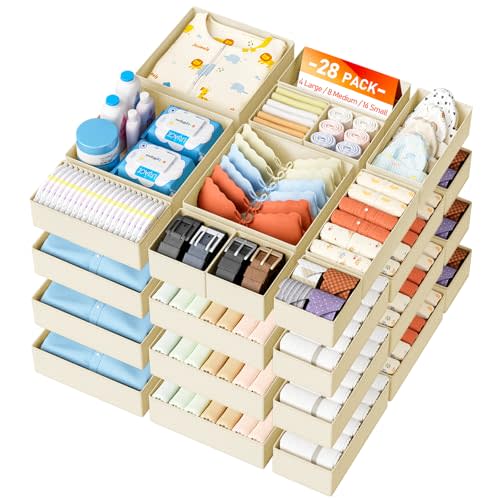 DIMJ Drawer Organizer Clothes Storage - 28 Pack Baby Dresser Organizer for Nursery, Foldable Closet Drawer Organizer Bins for Bedroom Organization, Fabric Storage Dividers for Socks, Underwears, Bras