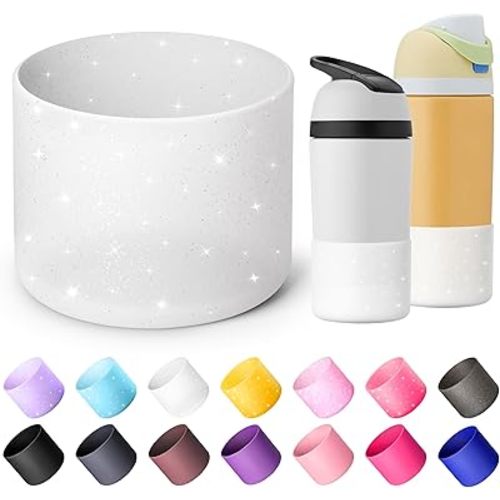Silicone Boot for Owala 14/16 oz Water Bottle, Anti-Slip Protective Sleeve for Owala 12 oz Kids Tumbler, Boot Bottom Base fit Flip 14 oz Insulated Stainless-Steel Water Bottle (Glitter White)