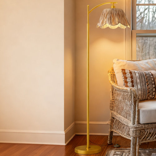 Everly Quinn Boho Floor Lamp With Rattan Shade - Arc Floor Lamp For Living Room, Farmhouse Standing Lamp With Gold Metal Base & Foot Switch, Corner Reading Lamp For Bedroom | Wayfair