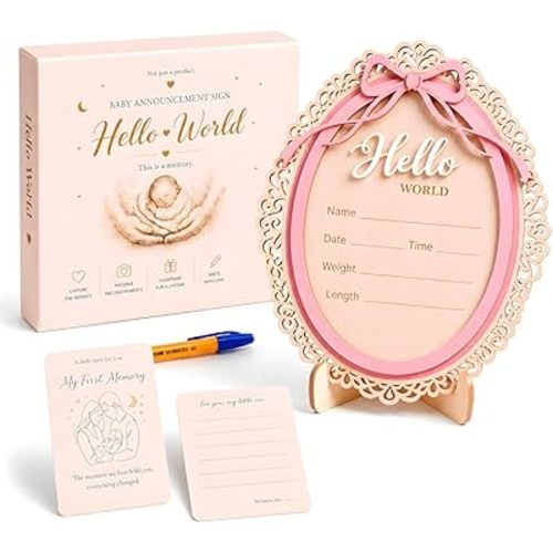 Baby Announcement Sign – Hello World Newborn Sign in 3D Wood with Charming Pink Bow Accent & Elegant Vintage Frame Details for Newborn Memories, Nursery Décor & Baby’s First Precious Moments