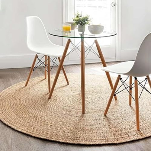GRUHUM Handwoven 5ft Jute Area Rug Natural Fiber Round Boho Farmhouse Rustic Vintage Soft Braided Reversible EcoFriendly Rugs for Indoor EcoFriendly Kitchen Bedroom Living Room Hallways (5' ft Round)