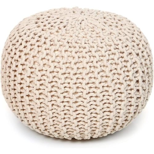 Round Pouf Ottoman - Cable Knitted Boho Poof - Ivory