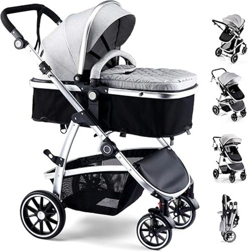 Baby Stroller, 2-in-1 Reversible Toddler Seat with Lie-Flat Mode, Foldable Infant Stroller with Canopy, One Button Brake, Adjustable Handle, Newborn Pushchair (Black B)