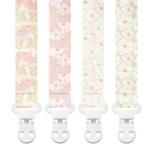 Stadela Baby Fabric Pacifier Clip Holder, Plastic Clip, 4‑Pack, Flowers Pattern, Poloma Set