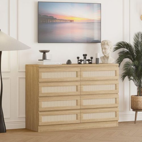 Rattan 8 Drawer Dresser, 47 Inch Modern White Chest of Drawer, Large Wooden Bedroom Dresser with Drawers