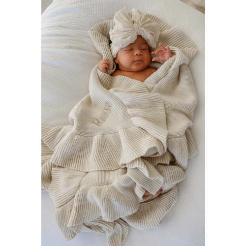 Embroidered Knit Blanket With Ruffle in Ash | Caden Lane