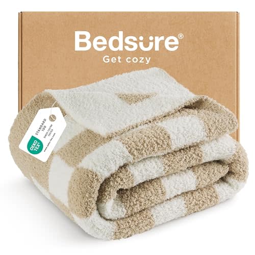 Bedsure Throw Blanket for Couch Bed Sofa - Super Soft, Beige, Checkered Throw Blanket, GentleSoft, Fluffy, Cozy, Santa Gifts for Women, 50x60 Inches