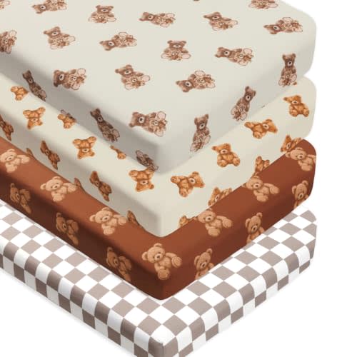4 Pack Bear Baby Sheets Neutral Unisex Fitted Checked Nursery Baby Sheet Set Toddler Mattress Sheets for Boys or Girls (Crib Sheets)