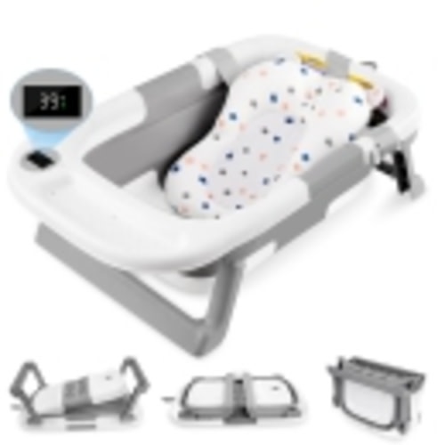 Folding Baby Bath Tub with Soft Support Cushion and Temperature Sensor, Anti-Slip Portable Travel Shower Basin