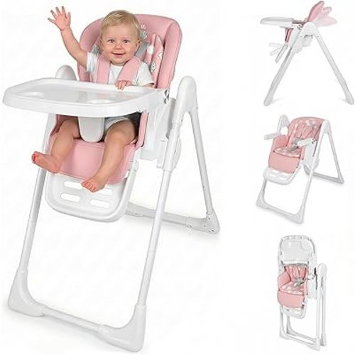High Chair for Babies and Toddlers, Baby High Chair with Removable Tray, Adjustable Backrest, Footrest Height Settings, Space-Saving Design, Foldable, Pink