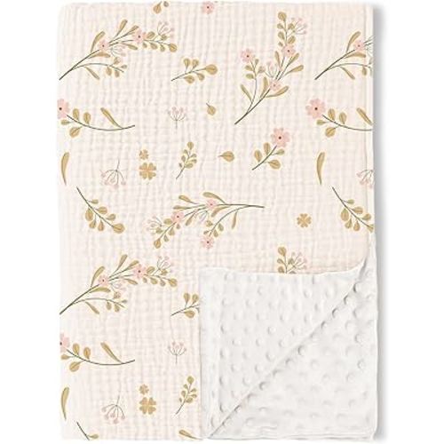 Konssy Baby Blankets for Unisex Boys Girls, Super Soft Nursery Minky Blankets with Muslin Cotton Front and Dotted Fleece Backing, Printed Bed Throws Newborn