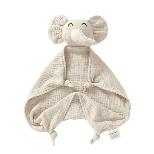 okdiy Organic Elephant Lovey, Muslin Security Blanket for Babies, Elephant Baby Stuffed Animal, Snuggle Toy, Gift for Boys and Girls (Khaki)