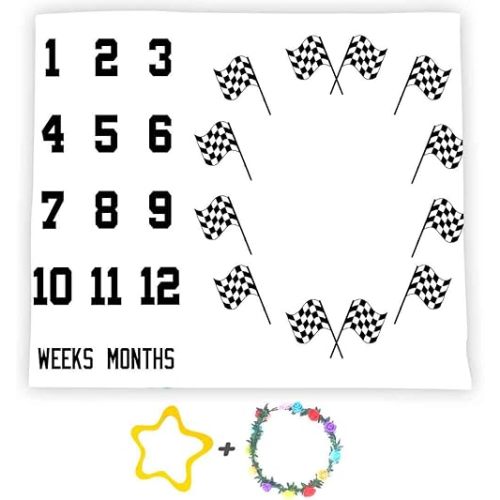 F-FUN SOUL Monthly Milestone Blanket 48x40in Race Car Flags Baby Blankets Racing Sports Nursery Blanket Newborns Mom Gifts Baby Shower Growth Tracker with Bonus Marker