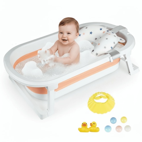 HENG Co. Baby Bathtub for Infants to Toddler with Drain Plug, Unisex Kids Bathtub for Newborn 0-36 Month (Pink+Floating Mat)