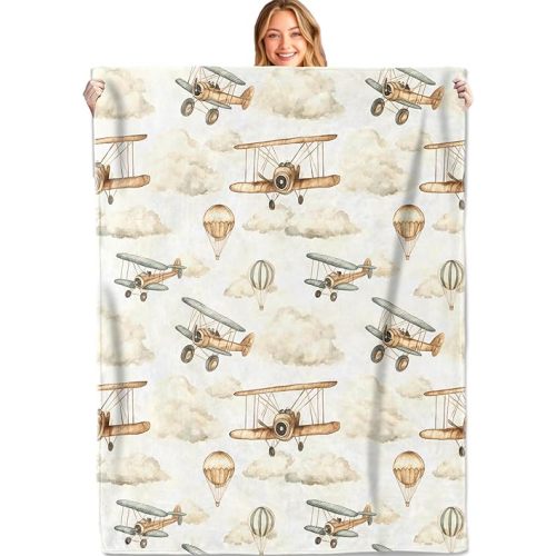 Vintage Aviation Throw Blanket,50x60in,Soft,Lightweight Flannel,Retro Biplane Hot Air Balloon Blankets - Gifts for Kids Boys Girls,Airplane Lovers,For Couch Office Travel,Home Living Room Decor