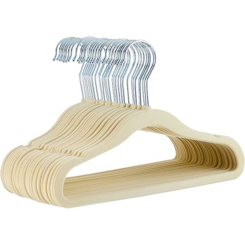 Amazon Basics Kids Space Saving Velvet Non-Slip Clothes Hangers with Shoulder Notches, Sturdy Construction for Closet Organization, 11.6", Beige, 30-Pack
