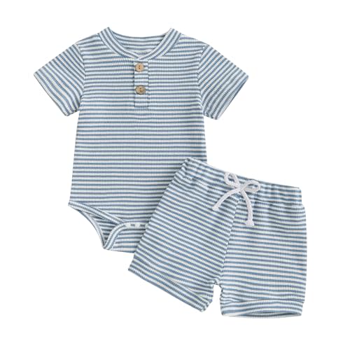 VISGOGO Baby Boy Shorts Set Newborn Infant Summer Outfit Striped Half Button-up Short Sleeve Bodysuit Elastic Waist Shorts