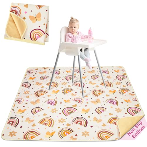 Basumee Splat Mat High Chair Mat Waterproof Baby Play Splat Mat for Under High Chair Food Catcher Highchair Mat for Floor Non Slip Bottom, Brown Rainbow, 46x42 Inches