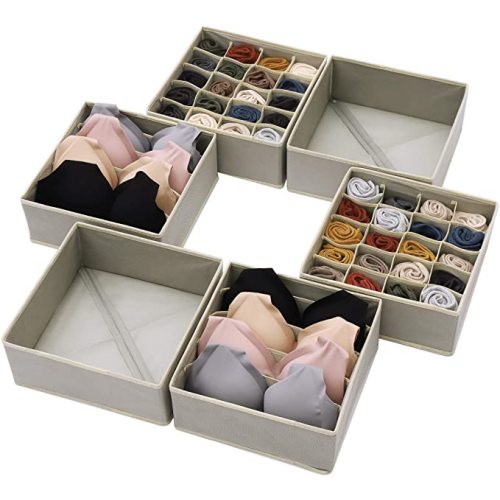 DIOMMELL Set of 6 Foldable Cloth Storage Box Closet Dresser Drawer Organizer Fabric Baskets Bins Containers Divider for Clothes Underwear Bras Socks Lingerie Clothing, Grey 22-2000