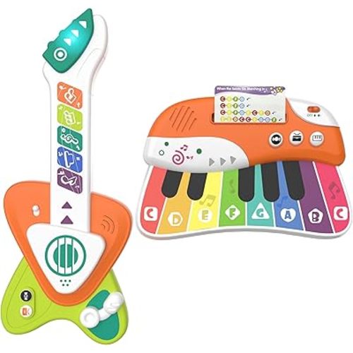 Toddler Baby Guitar Piano Keyboard for 1-3, Touch Baby Piano Guitar Toy for 1 Year Old Musical Toy w/ 3 Modes, Light, Melodies, Music Cards, Adjustable Volume, Birthday Gift for 10–18 Mos &1–3 Yrs Old