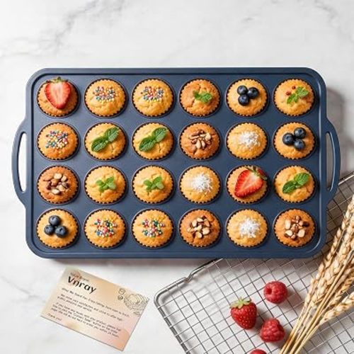 Mini Silicone Muffin Pan with Metal Frame, Non Stick Silicone Cupcake Pan with Handles 24 Cup, BPA Free Silicon Muffin Tin Tray Small for baking, egg bites, Cupcake Mold Grey