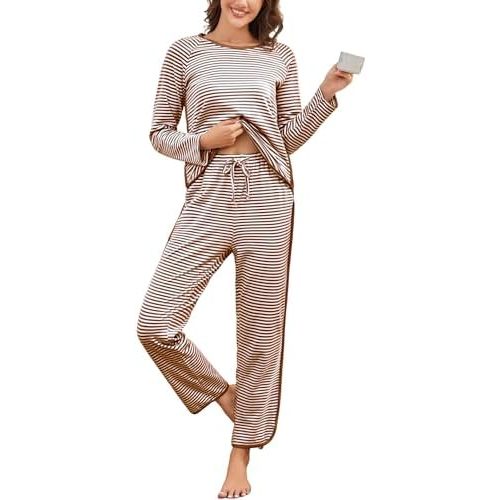 Womens Cotton Pajama Sets Stripe Lounge Set with Pockets