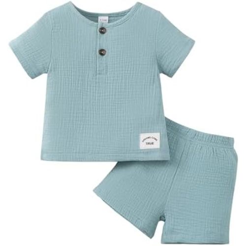 Jecson Toddler Boy Summer Outfits Cute Baby Boy Outfits 2 Piece Set Crew Neck Button Top and Solid Shorts 6M-3T