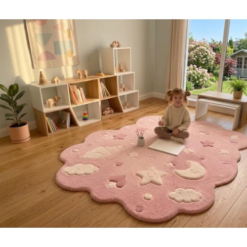 Handmade Pink Cloud Shape Woolen Area Rug for Kids Room| Soft Woolen Nursery & Playroom Carpet