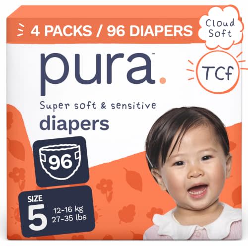 Pura Baby Diapers Size 5 (27-35 lbs) 96 Count Sensitive Skin | 12 Hour Leak Protection, New Blowout Blocker, Cloud Soft, Totally Chlorine Free*, Allergy UK Certified